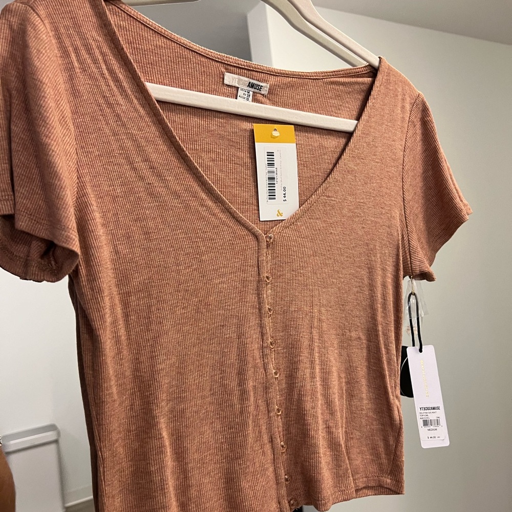 Tan crop short sleeve top with buttons - brand new with tags